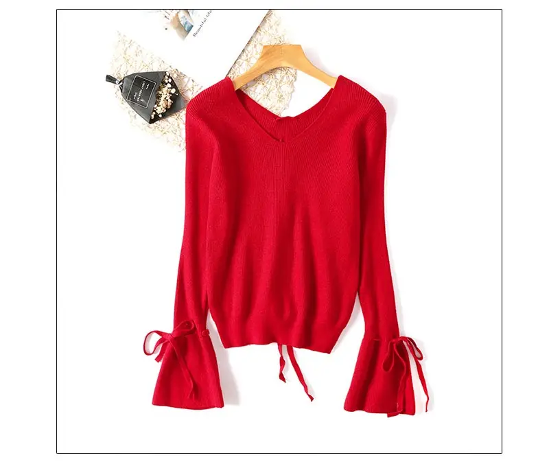 V Neck Sweater Women Knitted Pullover Winter 2018 Lace-up Top Casual Woman Flare Long Sleeve Ladies Sweaters and Pullovers Solid (5)