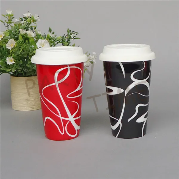 Coffee mug with double wall, ceramic travel mug with curve pattern