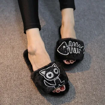 

Home Winter Women Plush Exposed Toe Crystal Fish Cat Slippers Indoor Faux Fur Non-Slip Soft Cartoon Bedroom Flat Shoes