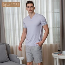 Летние мужские повседневные пижамные комплекты Мужской v-образный вырез воротник футболка и половина брюки мужские хлопковые пижамы костюм плюс размер домашняя пижама