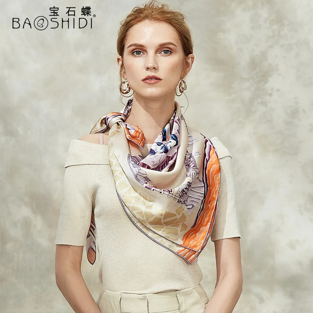 [BAOSHIDI] осень Новое поступление, 16 момме чистый Шелковый шарф хиджаб для женщин, бесконечная квадратная шаль, роскошные брендовые шарфы для элегантной леди