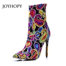JOYHOPY/; креативные винтажные ботильоны с вышивкой; женские Ботинки martin на высоком каблуке с острым носком; модная женская обувь со стразами