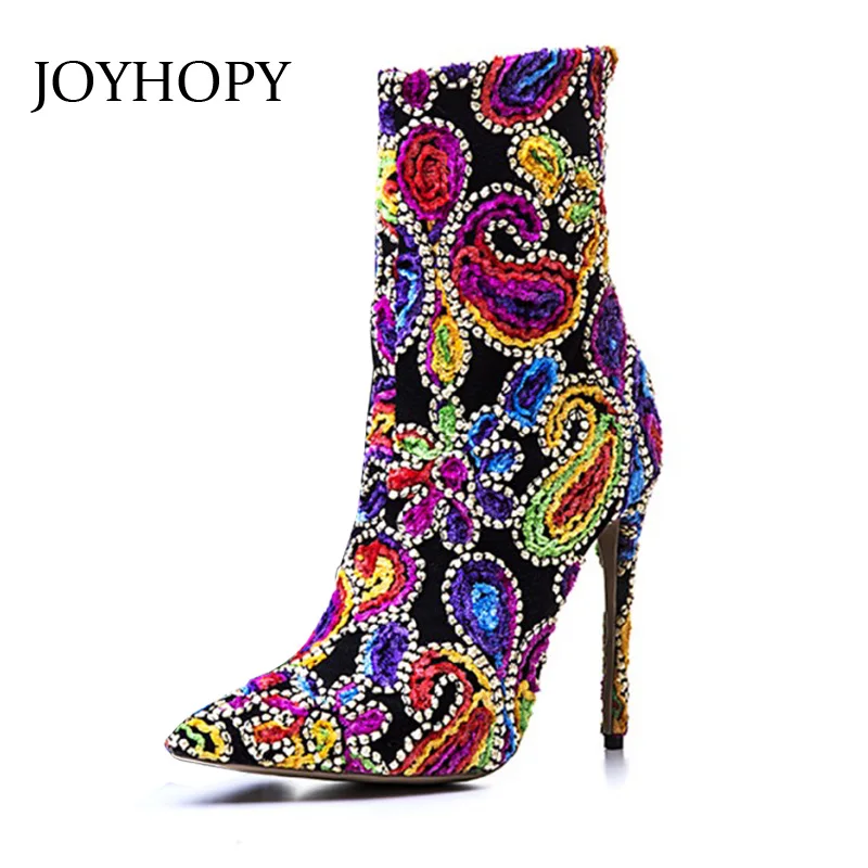 red Mode Talons Vintage Broderie Blue Strass Chaussures 2017 Femme Cheville Hauts Femmes Bout Martin purple De Bottes Joyhopy Creative Pointu qHOzS