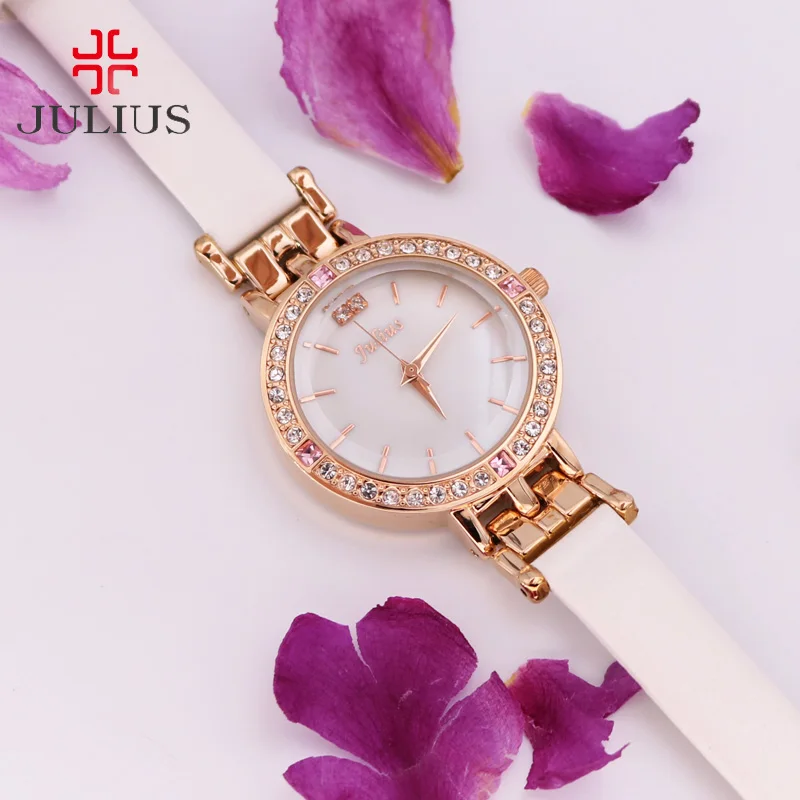 Kopen Julius Dame vrouwen Horloge Japan Quartz Uur Best Fashion Dress Shell Lederen Armband Meisje Strass Verjaardagscadeau Doos 755