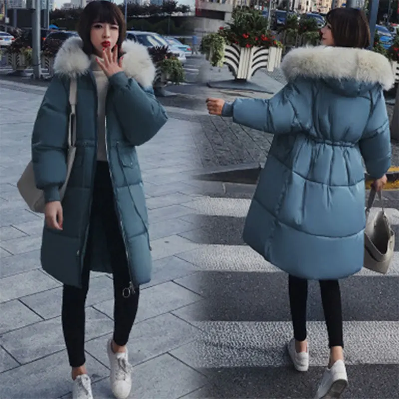 Goedkoop Solid Fur Hooded Thicken Rits Lange Down Jassen Vrouwen Casual Lange Mouwen Lace Up Warm Katoen Jassen Vrouwelijke Hardy Jassen nieuwe