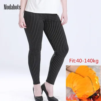 

Plus Size Winter Women Leggings Thick Velvet 6XL Big Sizes Large Slim Legging Large Push Up Black Vertical Stripes Warm Leggins