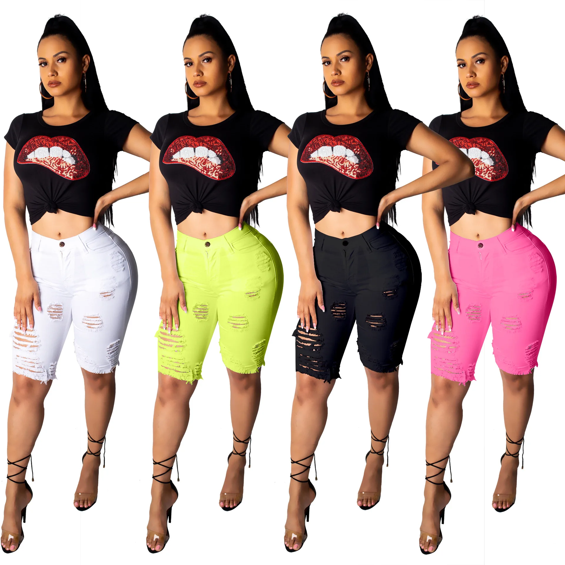 

2019 Women New Hole Hollow Out Pencil Knee Length Pants Classic Active Wear Skinny Trourser Leggings 4 Color Jeans