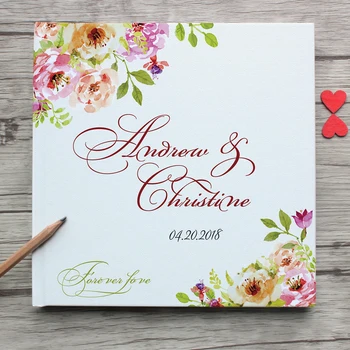 

Personalized White Wedding Guest Book With Flowers Custom Bride Groom's Name Wedding Date Guest Book,Anniversary Photo Album