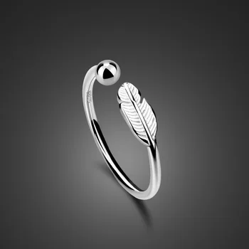 

New fashion 100% 925 Sterling Silver Leaf ball ring with Long Tail Finger Ring For Women Adjustable Silver feather Ring Jewelry