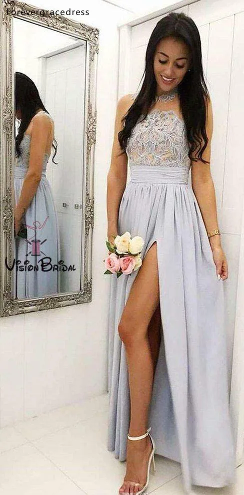 2019 Summer Country Bridesmaid Dresses A Line Sheer Neck Lace Appliques Chiffon Skirt Split Maid of Honor Gowns Plus Size 89 (3)