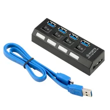 USB 3,0 концентратор 4 порта Супер скорость 5 Гбит/с 4-портовый USB 3,0 концентратор с переключателем ВКЛ/ВЫКЛ для Windows Mac OS Linux PC ноутбук черный
