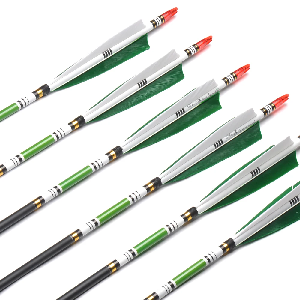 Billige 6 12 24pc 80 cm 85 cm Carbon Pfeil Wirbelsäule 500 OD 7,6mm ID 6,2mm Grün Farbe Reale Feder für Recurve Bogen Bogenschießen Jagd Schießen