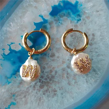 

12mm flat coin freshwater pearl charm pave white CZ initial 26 alphabet letter gold hoop earring for women