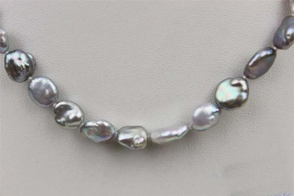 

very good Natural Gray Freshwater keshi reborn pearl necklace 9-10mm 17INCH " Unusual Fine Bridal Silver hook Free Shipping