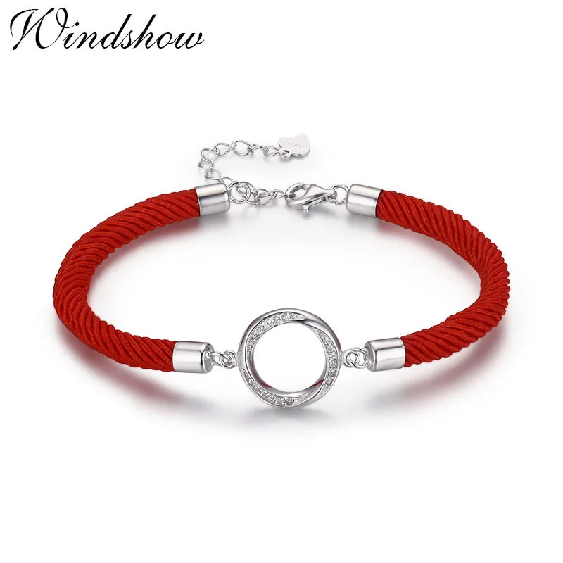

925 Sterling Silver Hollow Round Circle Pave CZ Charms Bracelets For Women Girls Red Rope Pulseras Pulseira Bileklik Friendship