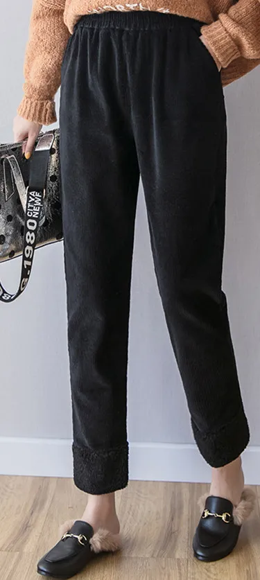 JUJULAND зимние плотные вельветовые штаны с эластичной резинкой на талии, сохраняющие тепло, повседневные штаны из овечьей шерсти, плотные однотонные штаны S-3XL размера плюс - Цвет: black