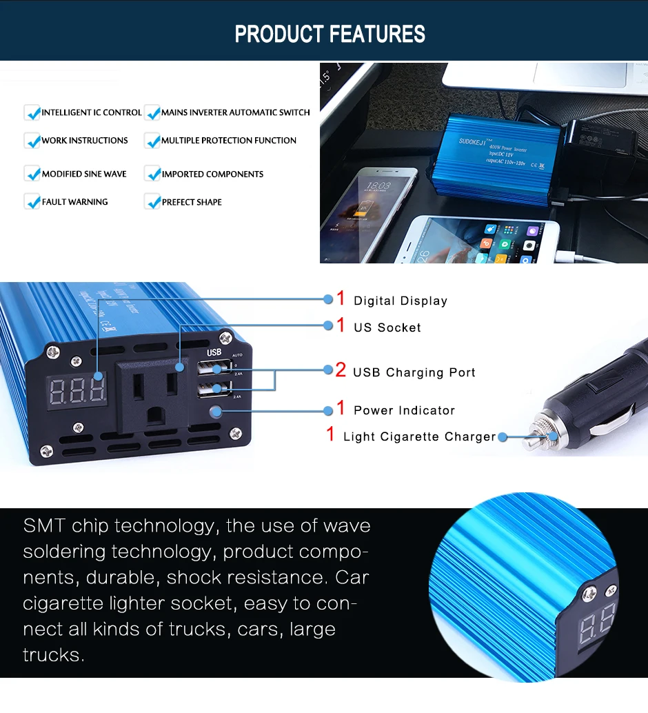 Автомобильный инвертор 400 Вт Напряжение Трансформатор 12 V постоянного тока до 110 V 120 V 60Hz USB розетка и Зарядное устройство