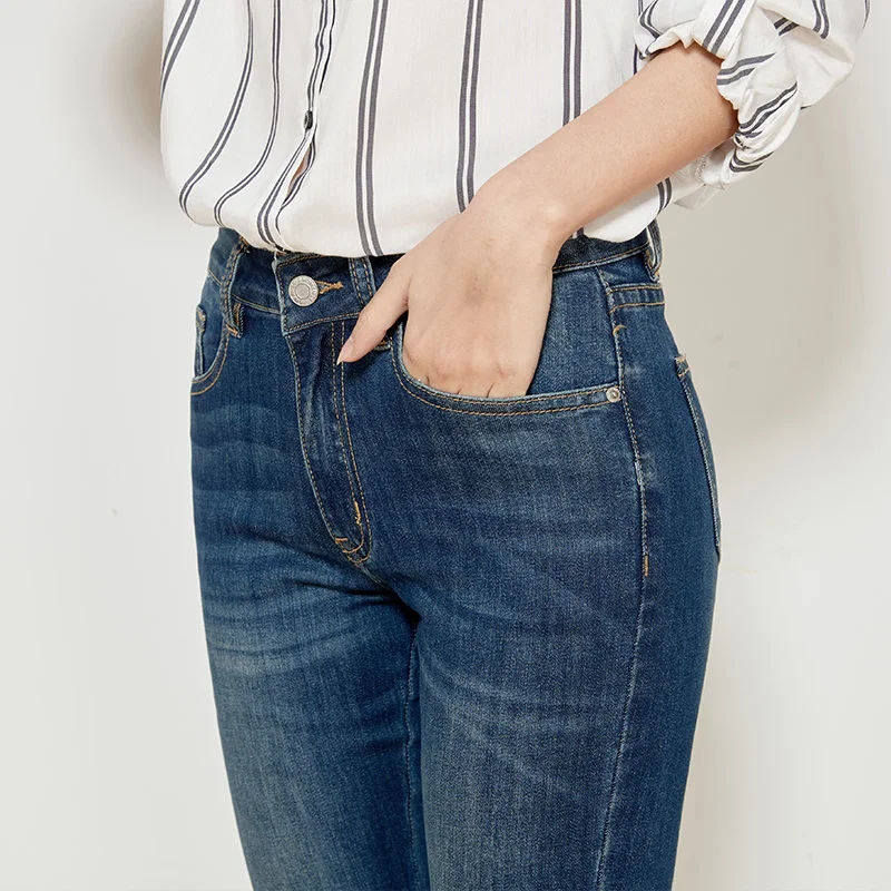 LEIJIJEANS Новинка осени повседневный стиль темно синие средняя талия полная длина