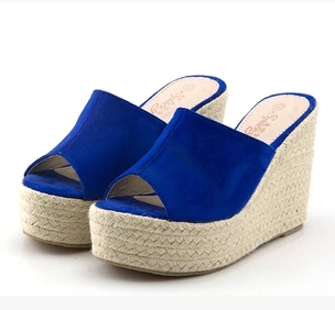 Размера плюс 34-45 НОВЫЕ на высоком каблуке Женские Вьетнамки; Летние босоножки; тапочки на танкетке и платформе; модная пляжная обувь - Цвет: blue