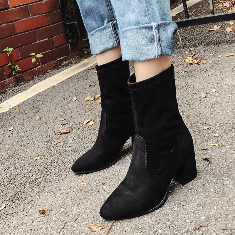 

2019 Fashion Women's Boots Suede Pointed Toe Yarn Elastic Ankle Boots Thick High Heels Sock Boots Shoes Woman Female Short Boots