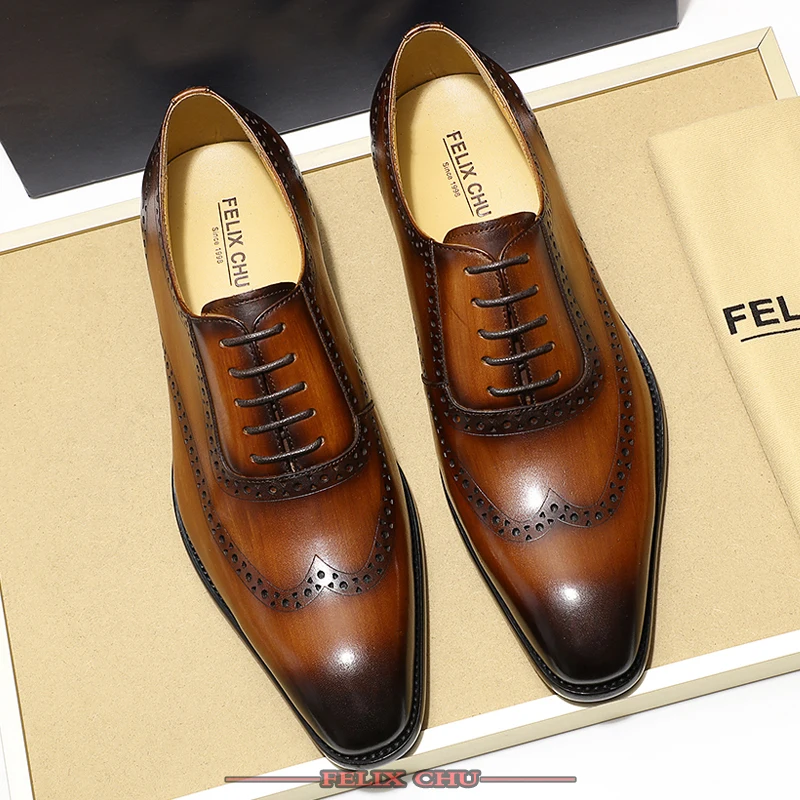 Классические мужские туфли-оксфорды с перфорацией типа «броги», с острым носком, из натуральной кожи, коричневого цвета, цвета хаки, модельные туфли, свадебные, вечерние мужские туфли, официальные Туфли-Felix CHU