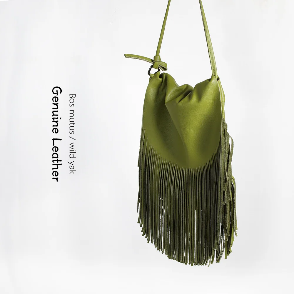 100% Genuine Leather Cross body Bag for Women National Style Fringed Tassels Bag Vintage Soft Real Leather Lady Messenger Bags (1)