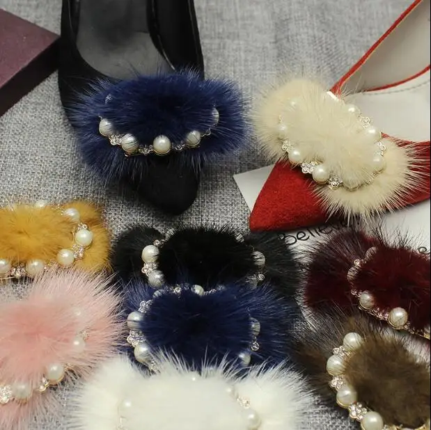 

(1 pair/lot) new mink hair pearl diamond bow can be removed or pasted with shoe decoration accessories