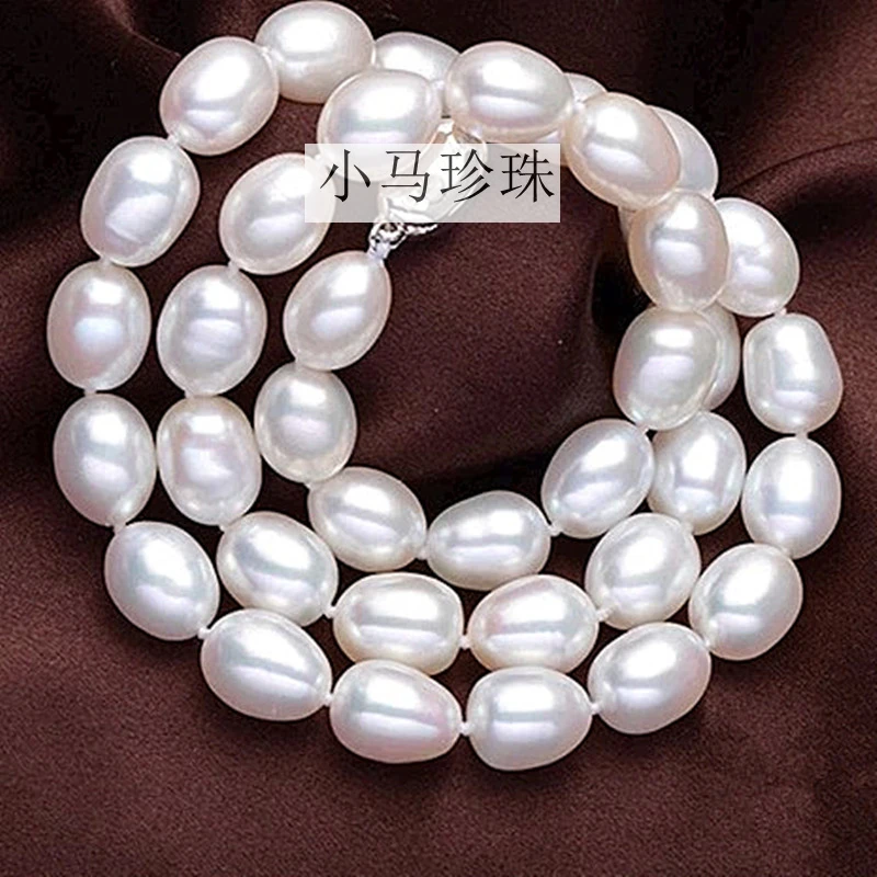 Women Gift word 925 Sterling silver real Mail pony natural freshwater pearls, rice shaped necklace, 9-10MM luxury authentic, str