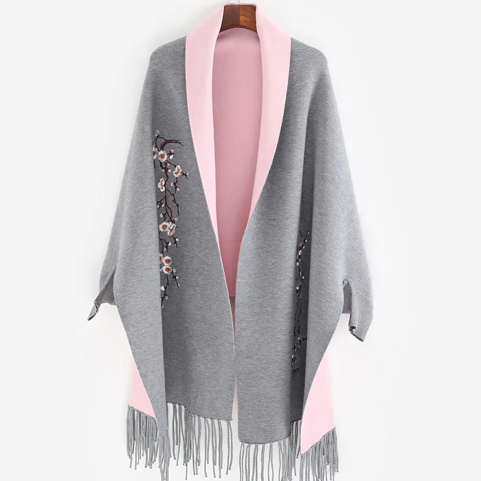 Совершенно дизайн с рукавом пончо шарф Зимний теплый кашемировый плащ с вышивкой кисточкой одеяло обернутый шарф шаль для женщин - Цвет: Gray