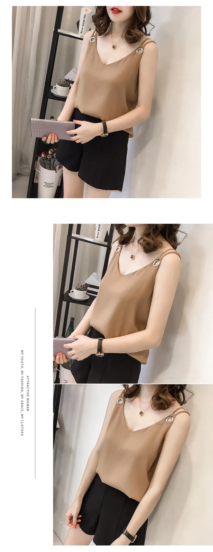 Summer Chiffon Blouse Shirt Women Plus Size Tops Mujer Strap Blusas Femininas Shirts V-neck Sleeveless Blouses Femme Tops 2018  (2)