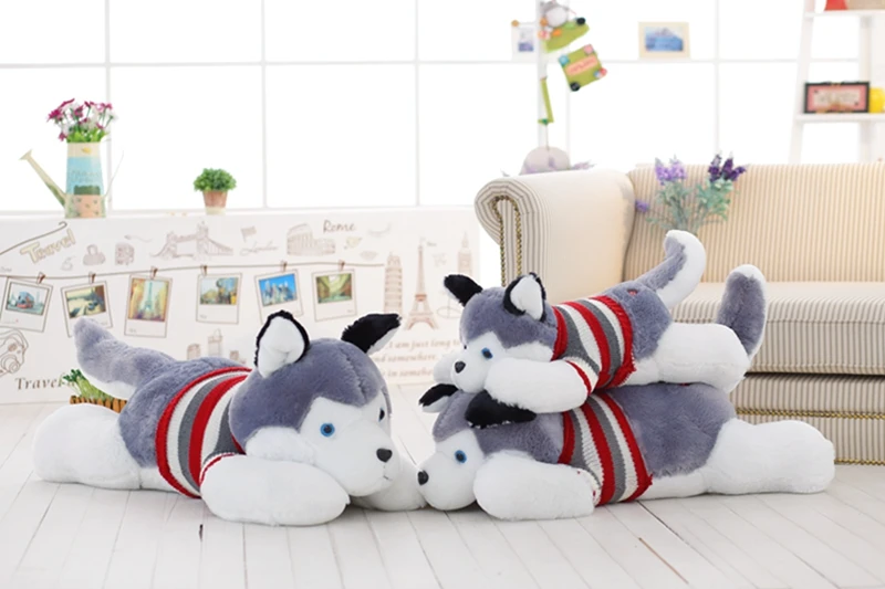 Одетый хаски кукла Свитер в полоску мягкие Хаски лежа Plushie игрушка серая собака Животные, детям, подарок на день рождения 40/50/70/100 см