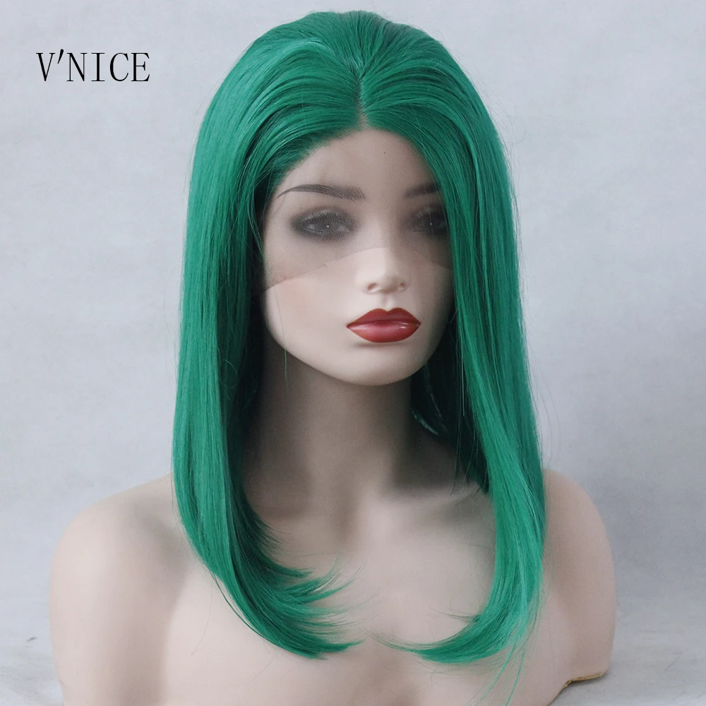 

V'NICE Green Short BOB Middle Part Wig Hand Tied Hair Heat Resistant High Temperature Synthetic Lace Front Wig for Women