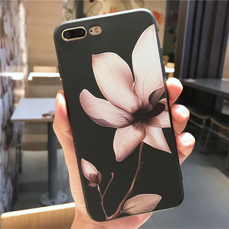 Чехол Ricestate Lotus Flower для iPhone 6, 7, 8 Plus, X, XR, XS Max, 3D рельефный розовый чехол для телефона с цветочным рисунком для iPhone 11 Pro Max, чехол из ТПУ - Цвет: black