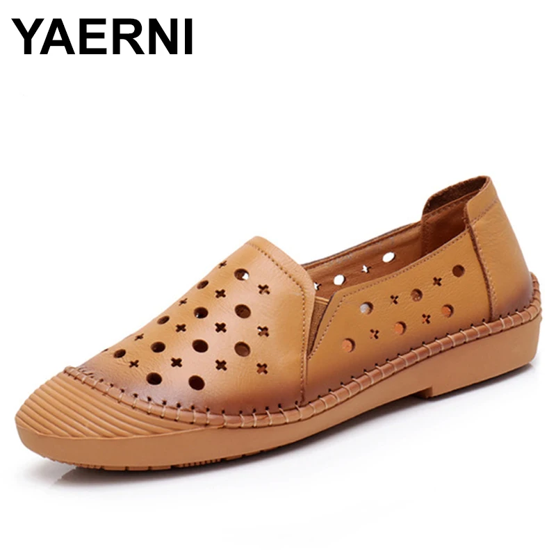 

YAERNI 2018 Summer Shoes Woman Cut Out Hollow Out Casual Shoes Leather handmade Women's shoes Pregnant Sandals Footwear