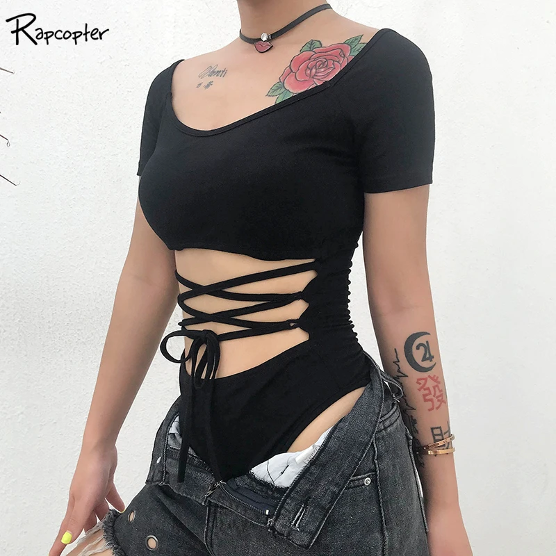 

Rapcopter Short Sleeve Tie Up Bandage Hollow Out Black Bodysuit Women Summer Cotton Bodycon Jumpsuit Ladies Body Top Streetwear