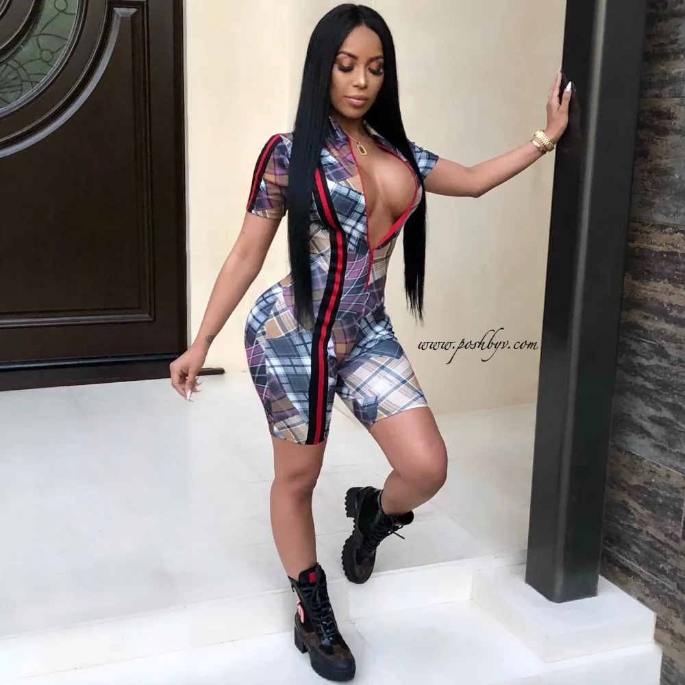 

Fashionable and popular short sleeved plaid long zipper jumpsuit H9388