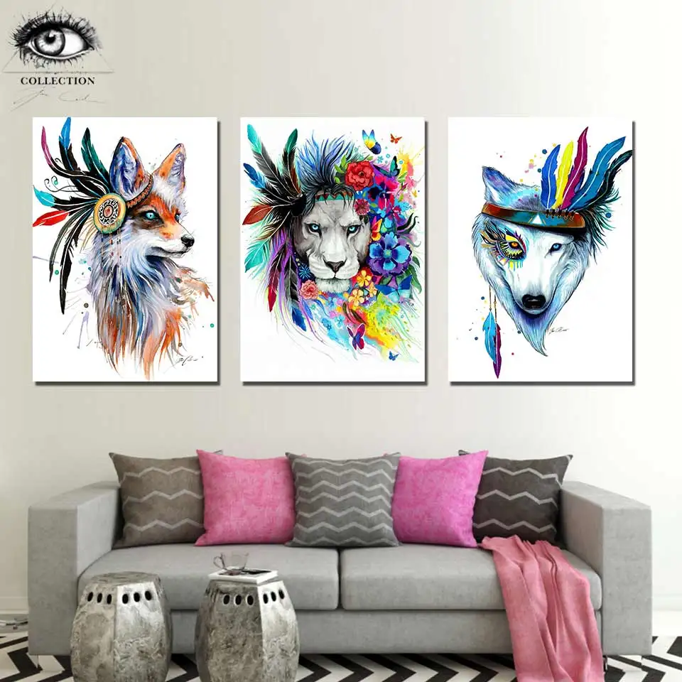 

King of Animals by Pixie Cold Art HD print 1 piece canvas art Fox Lion and wolf Poster abstract Wall Pictures For Living Room