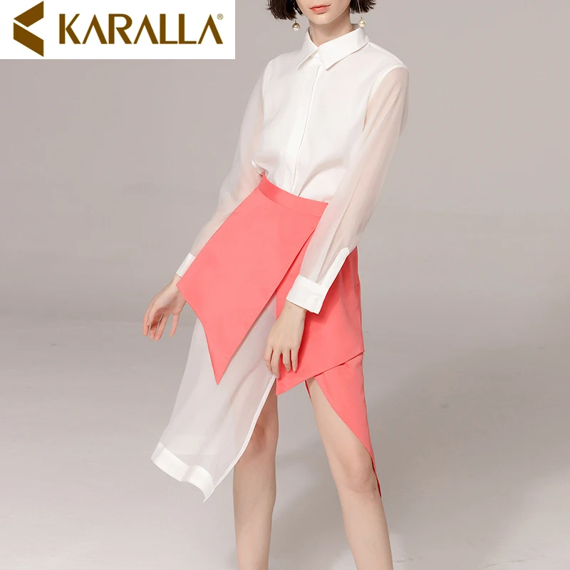 New Design Fashion Shirt Skirt Two Pieces Suit Sets Women Slim Organza +High Waist Contrast Color Irregular Hem C409 | Женская одежда