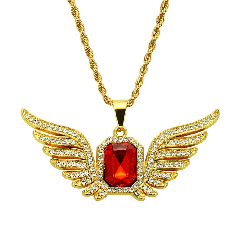 

Ebay new hip hop set auger wings rectangle ruby Europe and the United States "men's necklace pendant
