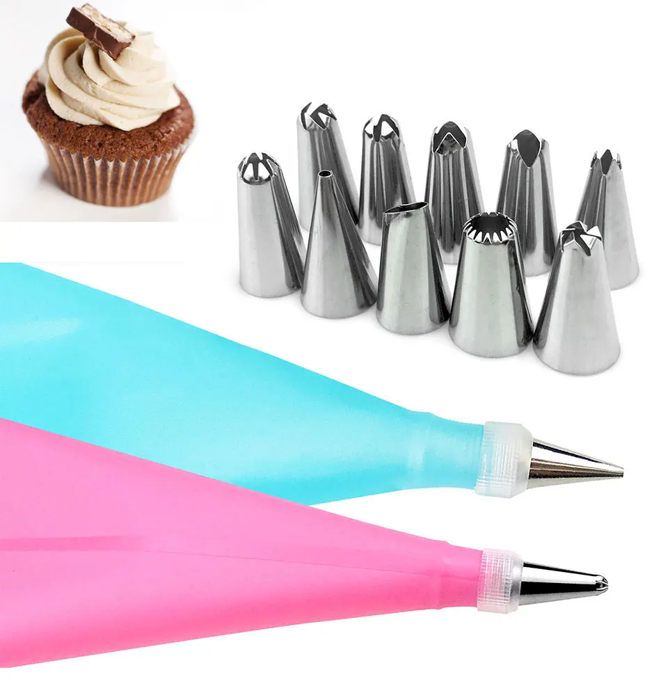 12pcs/Sets Cooking Bag + Piping Nozzles Stainless Steel Cake Decorating Tips Set Confectionery Pastry Cream Baking DIY Tools New