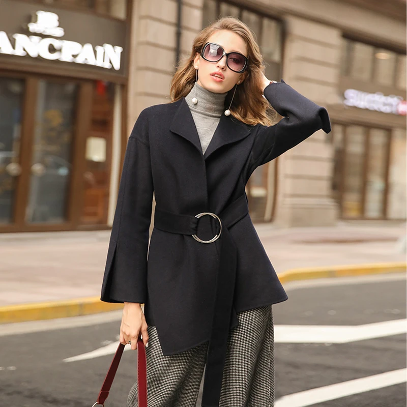 2018 Pardessus Noir Vestes Avec Manteau Femme noir Double Laine Nouveau Manteaux Femmes Blue side Cachemire Ceinture Slim Navy Printemps Z0020 Pour qdF6ZX