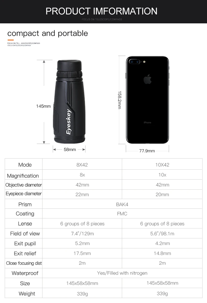 Eyeskey 8x42 Монокуляр телескоп Bak4 призма оптика монокуляр водонепроницаемый охотничьи прицелы для кемпинга ручной фокус Путешествия бинокль