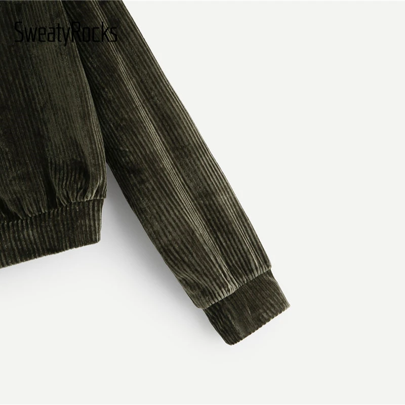  SweatyRocks Army Green Ribbed Velvet Sweatshirts Long Sleeve O-Neck Active Wear Pullovers 2018 Autu