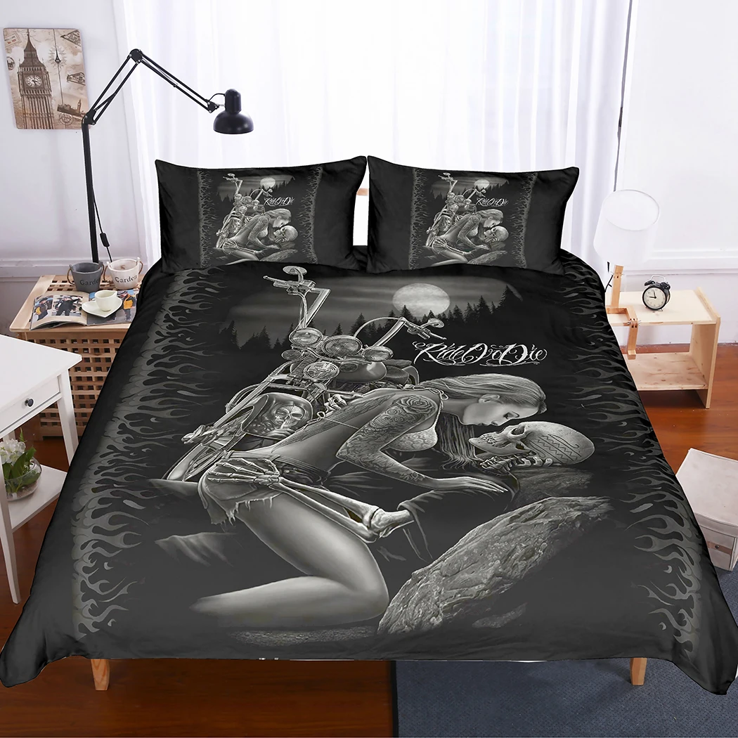 

Drop Shipping 3D Digital Printing Bedding Set 100% Microfiber Kiss Together Ride a motorcycle Beauty Skull Queen king size 05