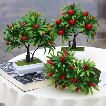 

Home Decor Fruit Orange Cherry Peach Tree Emulate Bonsai Simulation Decorative Artificial Flowers Fake Green Pot Plants Ornament