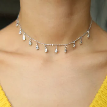 

AAA SPARKING bling tear drop cubic zirconia 2017 statement charm chain 925 sterling silver delicate thin chain chocker necklace