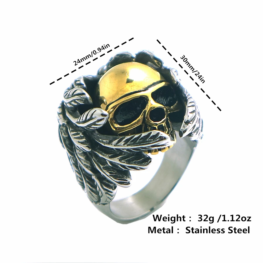 

Newest Mens Boys 316L Stainless Steel Cool Feather Golden Classic Skull Ring