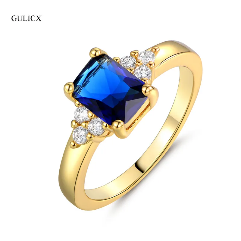 

GULICX Fashion Party Ring Yellow Gold-color Ring blue Big Stone Crystal Zirconia CZ Engagement Ring For Women R096