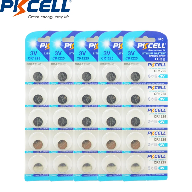 25 шт./5 карты PKCELL Кнопка монета клеток батареи большое Ёмкость CR1225 3 V литиевая Батарея LM1225 BR1225 ECR1225 KCR1225 CR 1225