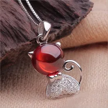 925 Natural piedras semi-preciosas granate colgante Retro de moda collar de regalo novia gato de dibujos animados lindo gatito